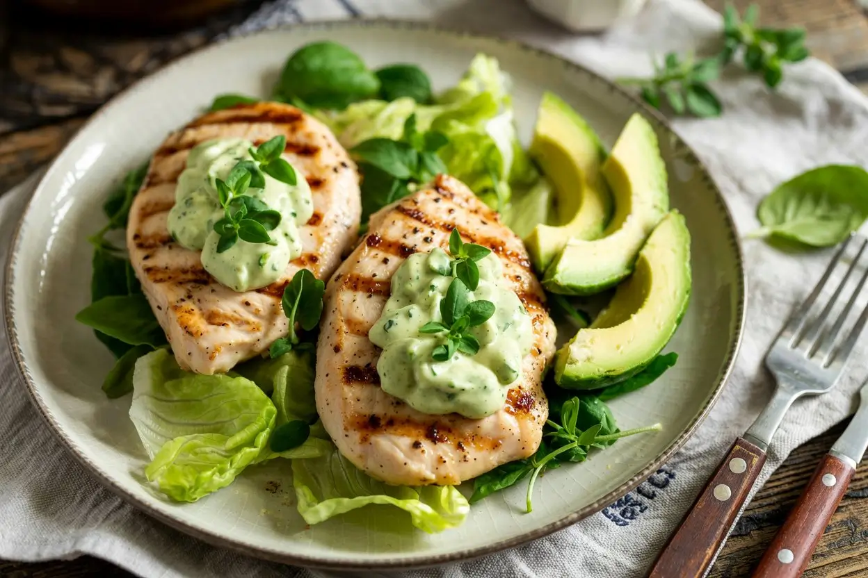 Grilled chicken breasts topped with green goddess sauce, served on a plate with fresh lettuce and sliced avocado, presented in a rustic and appetizing style.