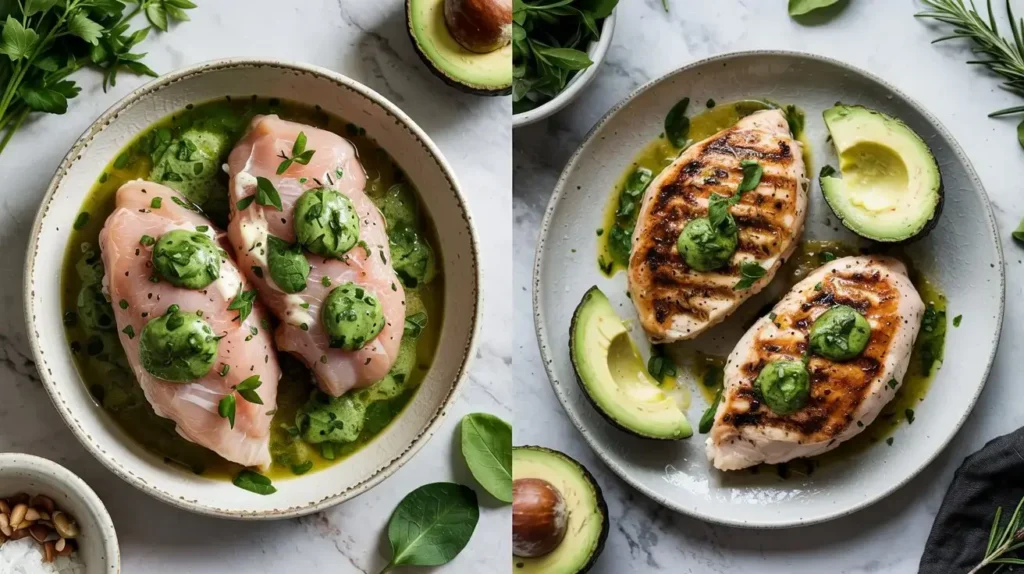 Green Goddess Chicken A split image showing raw chicken breasts marinated in green goddess sauce on the left, and grilled chicken breasts topped with the same sauce on the right, with avocado halves and fresh herbs for garnish.
